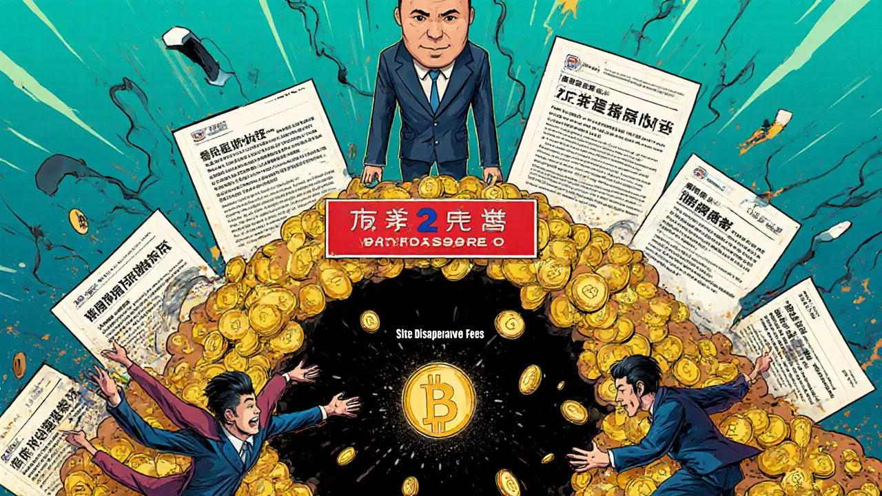 A scammer stands on fake testimonials as victims lose crypto into a black hole labeled &#039;Withdrawal Fees&#039;.