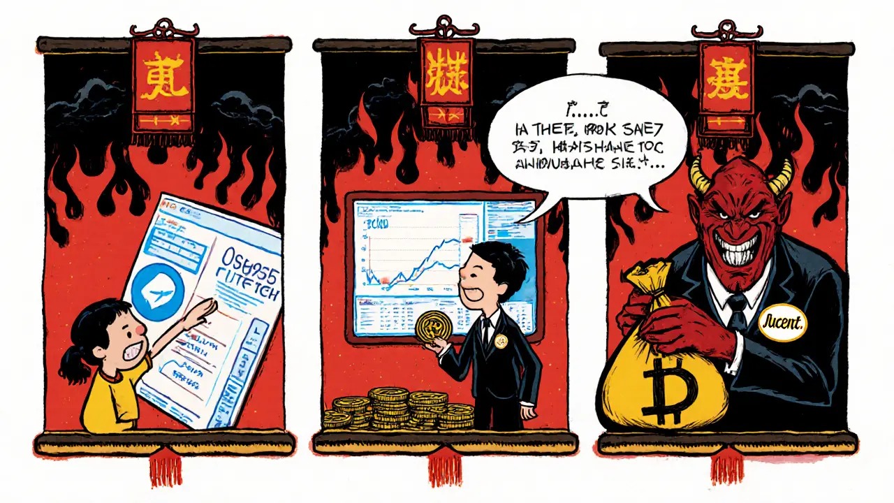 A step-by-step scam visual: victim clicks ad, sees fake profits, then gives crypto to a demon in a suit.
