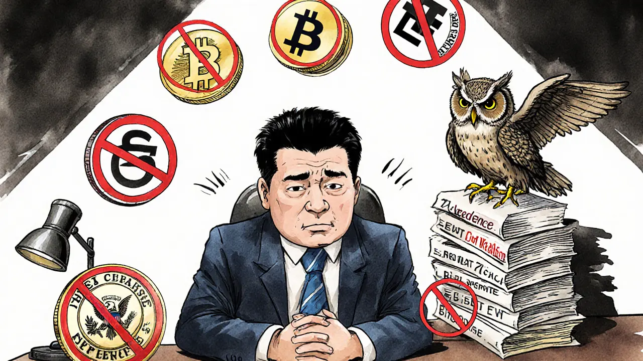 A trader faces banned crypto tokens while an SEC owl watches over legal documents.