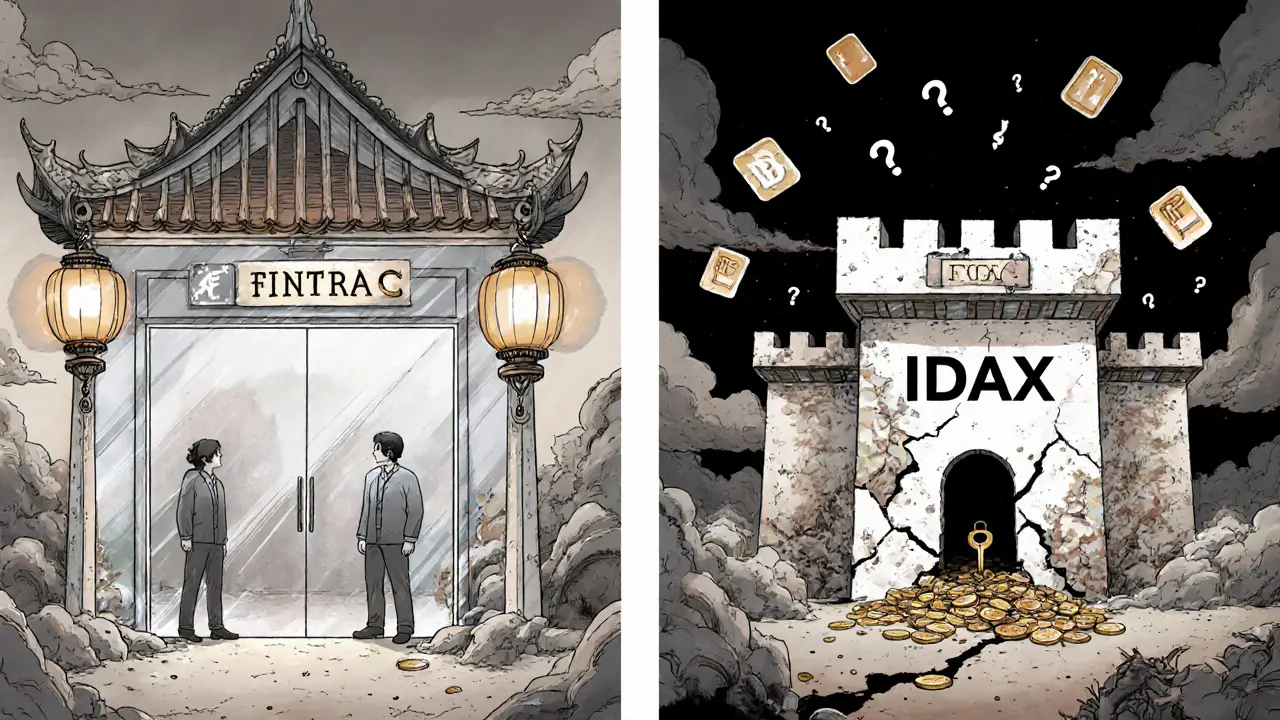 A transparent regulated exchange contrasts with a crumbling IDAX castle as coins vanish into darkness.