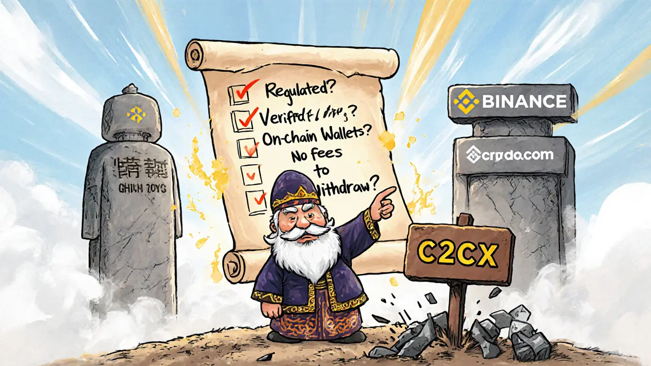 A wise elder points to a safety checklist as real exchanges stand strong, while C2CX crumbles to dust.
