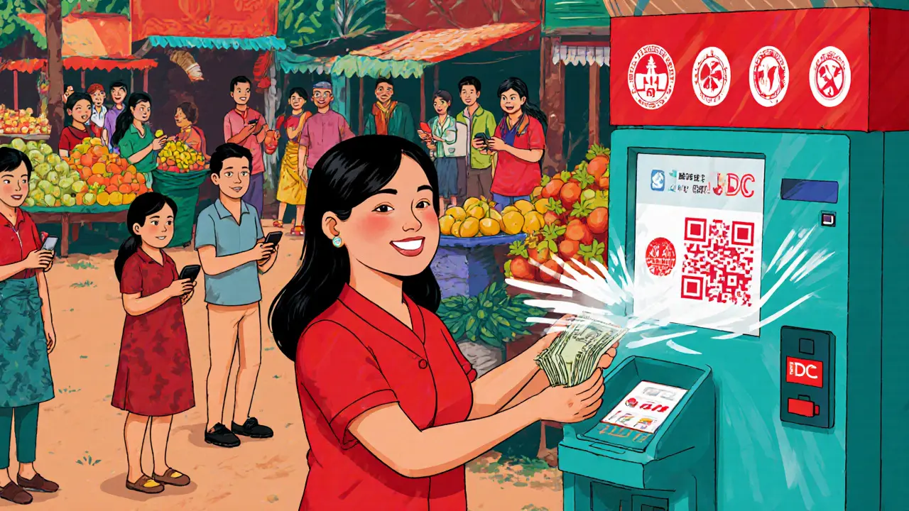 A woman in a Philippine village receives cash from a crypto kiosk after scanning a QR code for USDC.