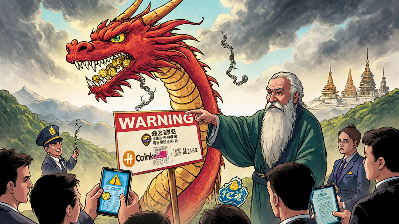 An elder warns against scams as victims gather around a dragon-shaped warning sign, with trusted exchanges glowing in the distance.