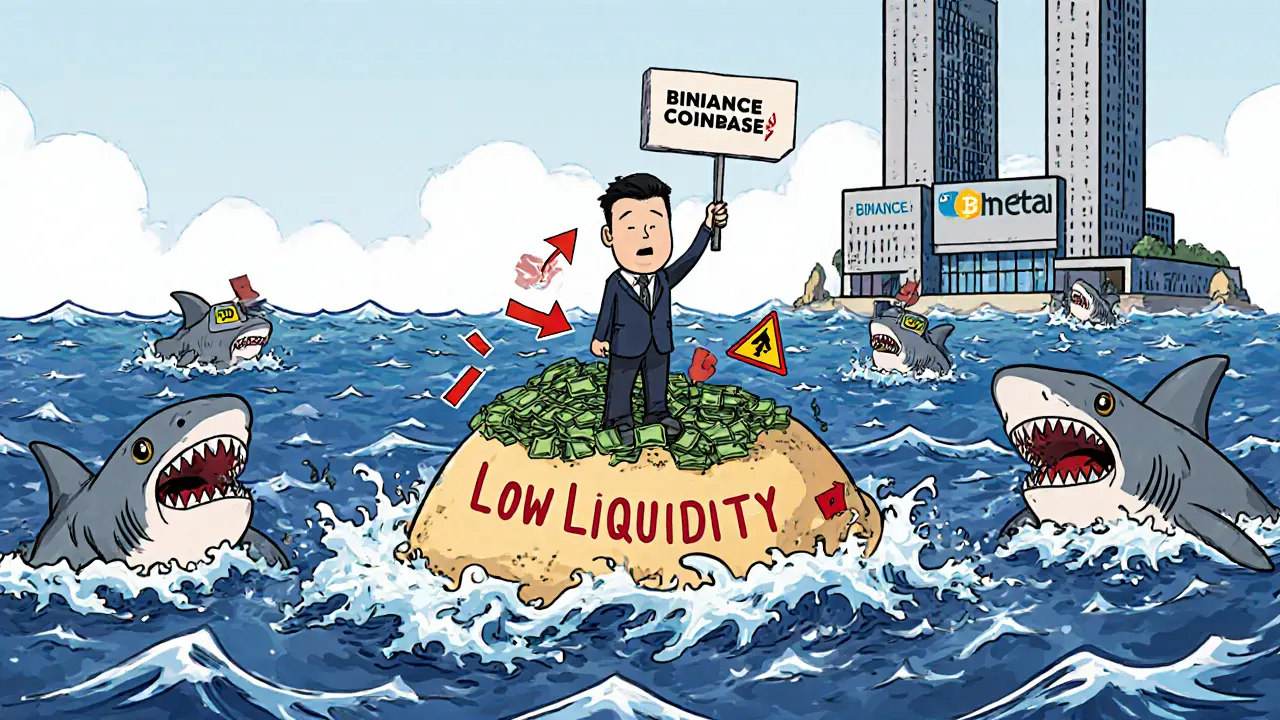 An investor stranded on a small money island surrounded by trading bots, with major exchanges far away.