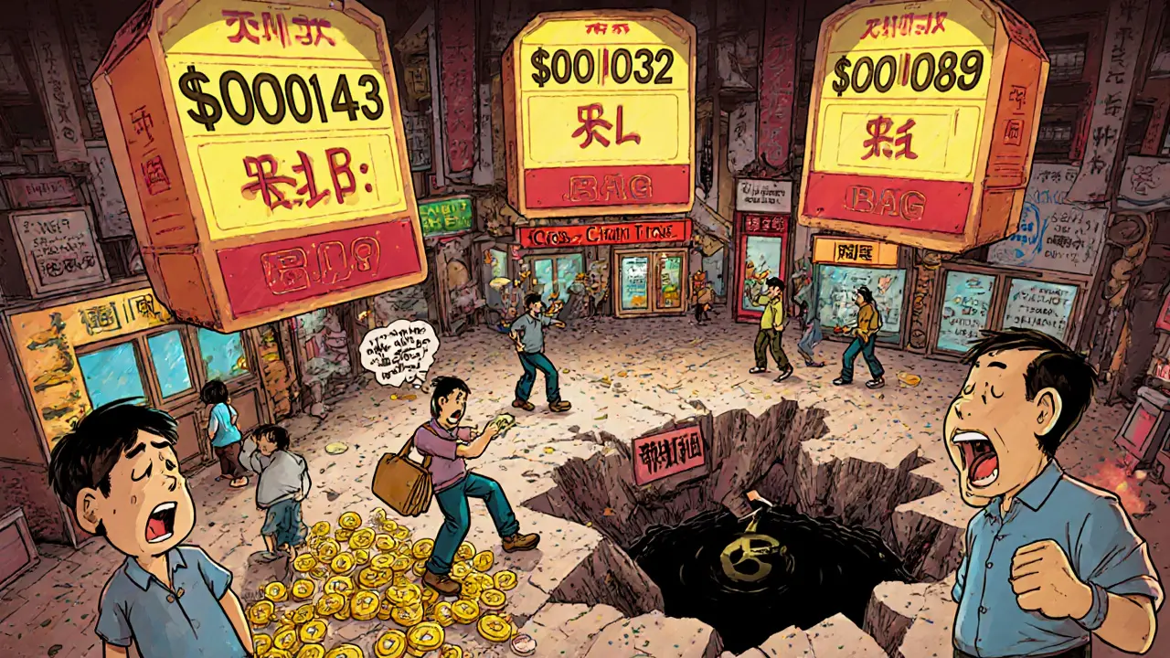 Chaotic trading floor with conflicting BAG prices and users losing tokens across broken blockchain bridges.