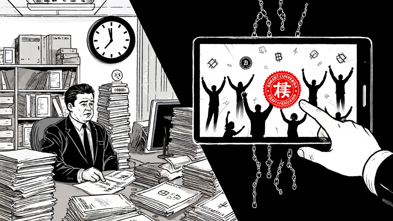 Contrast between old-fashioned real estate paperwork and instant tokenized property trading on a screen.