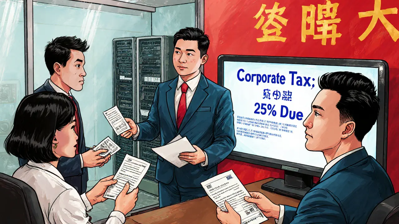 Employees receive crypto salaries in a Bolivian office, with mining rigs and tax notices in background.