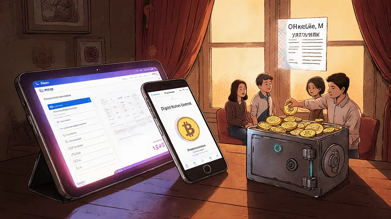 Family storing crypto in a personal wallet while digital ruble announcement glows nearby.
