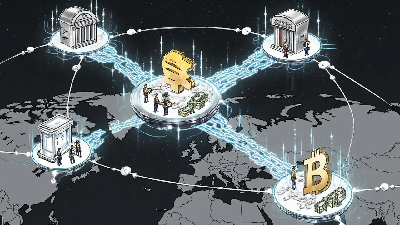 Global digital currency network connecting CBDCs and stablecoins across continents with flow lines and tiny recipients.