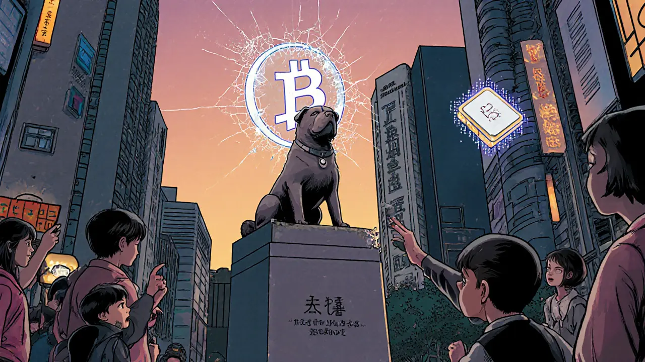 Hachiko&#039;s statue stands in Tokyo as a fading holographic token cracks above it, symbolizing crypto&#039;s fragility.