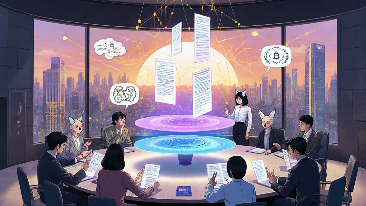 Holographic DAO council voting with AI agents summarizing proposals, layered governance system glowing behind.