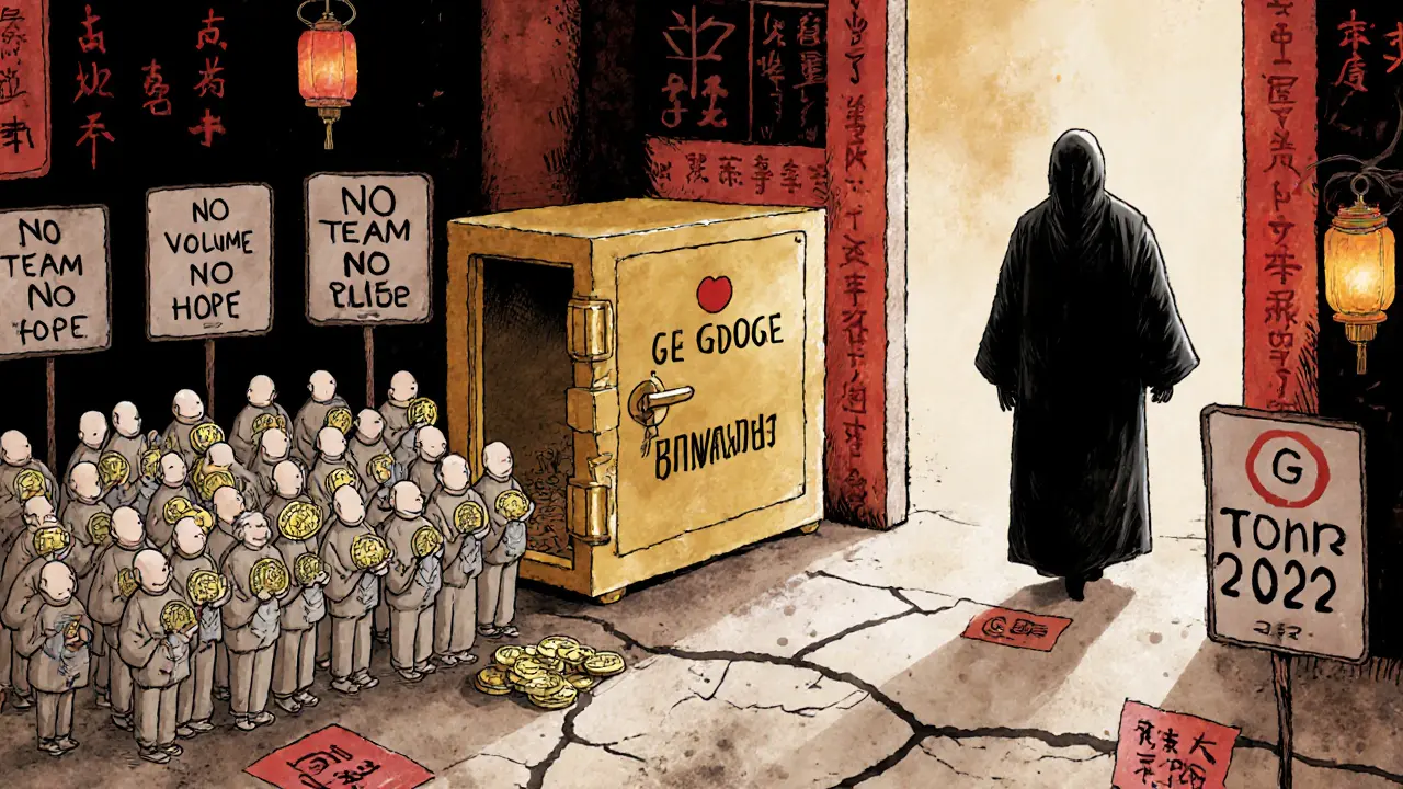 Hundreds of people gather around an empty golden vault labeled GDOGE Rewards, while a developer walks away.