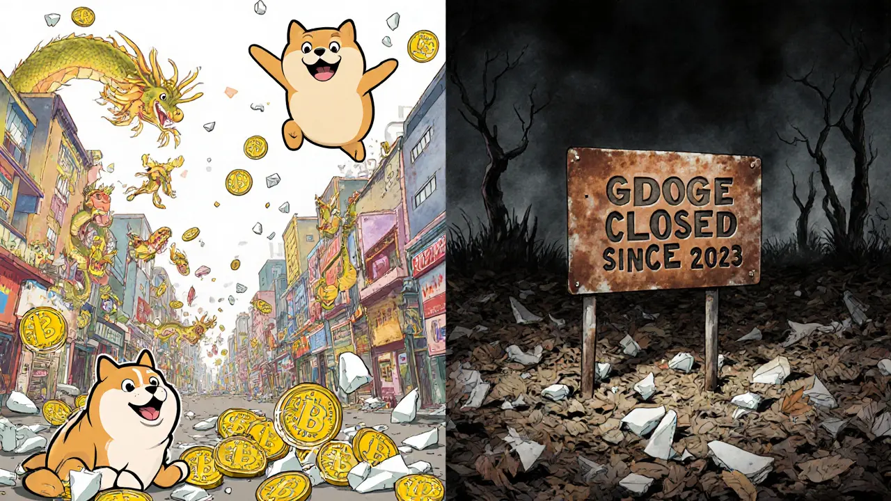 On one side, thriving crypto projects; on the other, GDOGE tokens buried in a desolate junkyard.