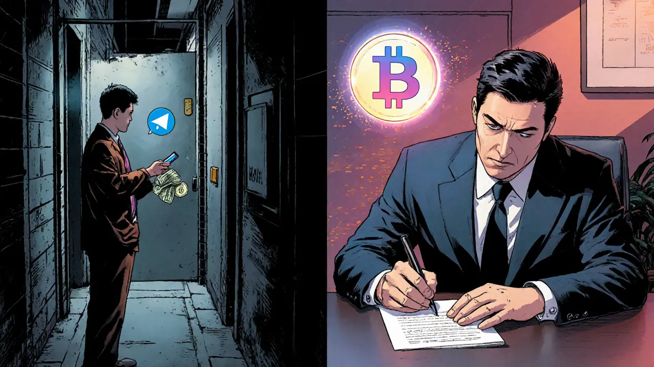 P2P crypto trader in alley vs. fintech CEO in office, split scene in Chinese manhua style.
