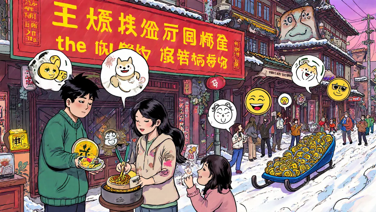 People barter memecoins for noodles, tattoos, and a crypto bobsled in a surreal marketplace.