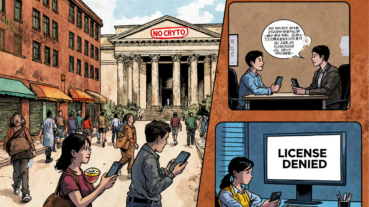 People using crypto apps in Mexico City while a bank blocks crypto, in Chinese manhua style.