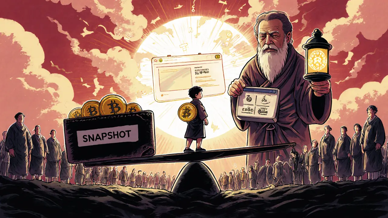 Smallholder on scale vs giant whale holding tokens, with delegation lantern and Snapshot interface in sky.