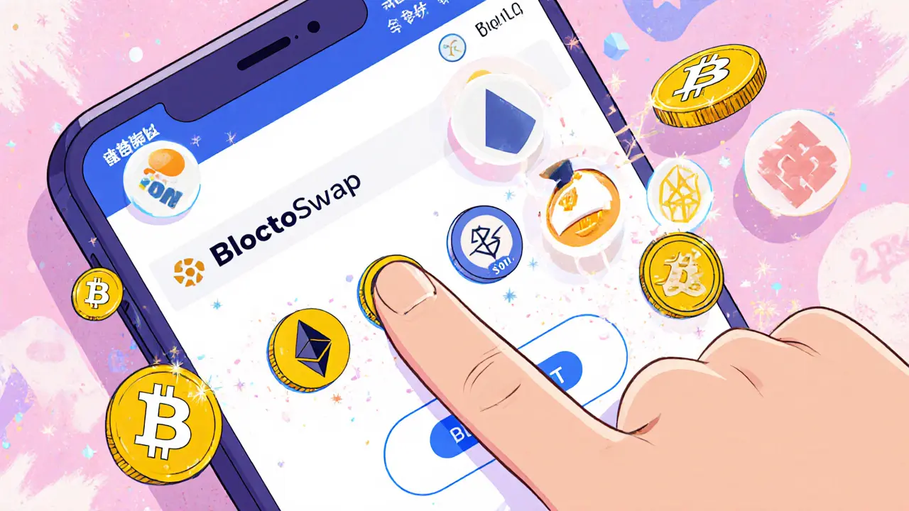 Smartphone screen showing BloctoSwap interface with tokens moving between blockchains and gas fees turning into points.