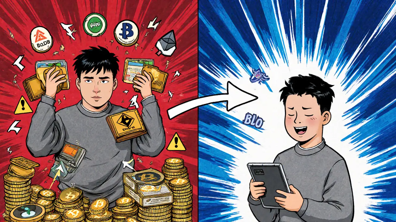 Split-panel comparison: chaotic multi-wallet struggle vs. calm single-app swap with Blocto.