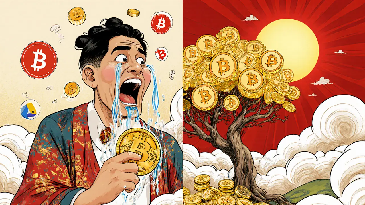 Split scene showing panic selling vs. patient DCA growth, with crypto coins forming a blooming tree under a sunrise.