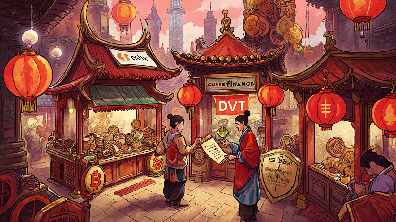 Users trade ETHx tokens in a futuristic DeFi marketplace shaped like a traditional Chinese teahouse.