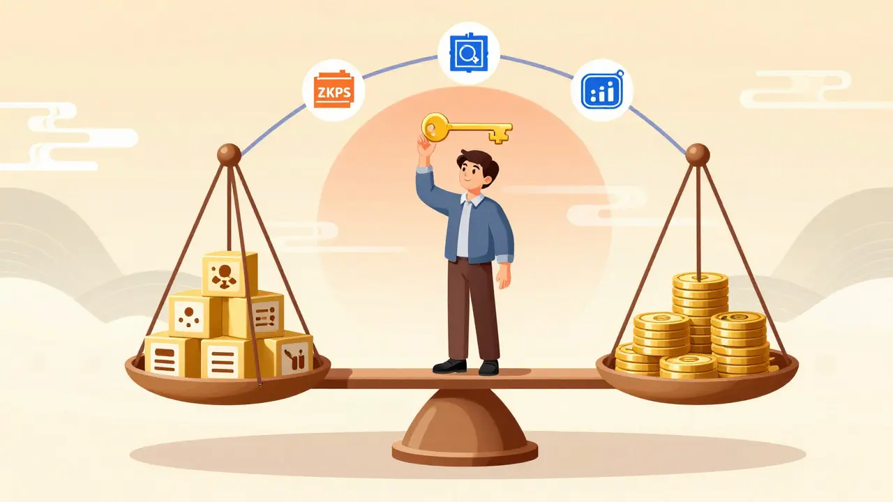 A balanced scale of public and private blockchains with a key labeled 'Privacy by Design' at its center in Chinese manhua style.