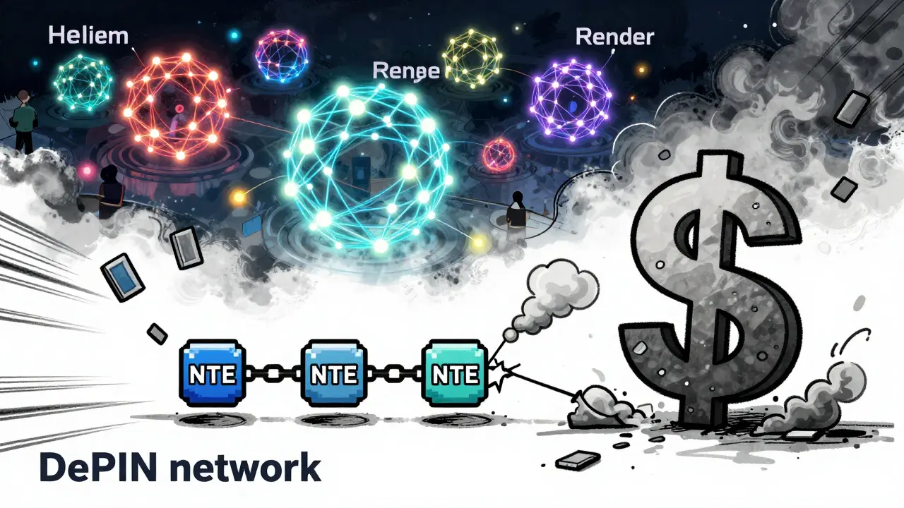 A broken NTE node chain fades beside thriving DePIN networks like Helium and Render.