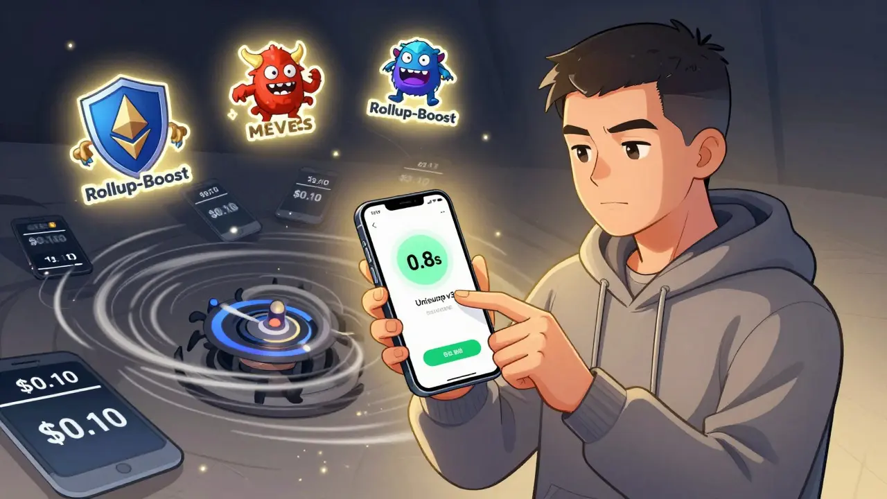 A calm trader confirms a 0.8-second Uniswap swap on phone, while slow Ethereum transactions struggle in the background.