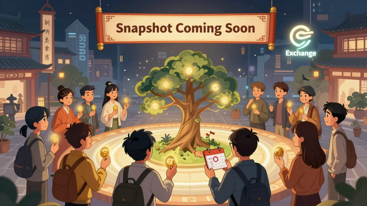 A community gathers around a blockchain tree, each holding a glowing $HERO token under a 'Snapshot Coming Soon' banner.