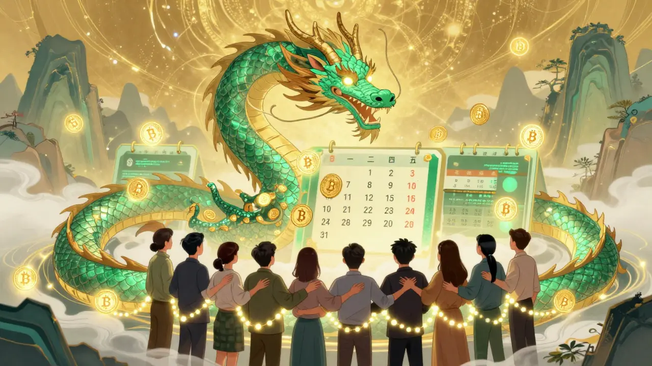 A dragon made of crypto tokens wraps around a 4-year calendar, team standing beneath it in harmony.