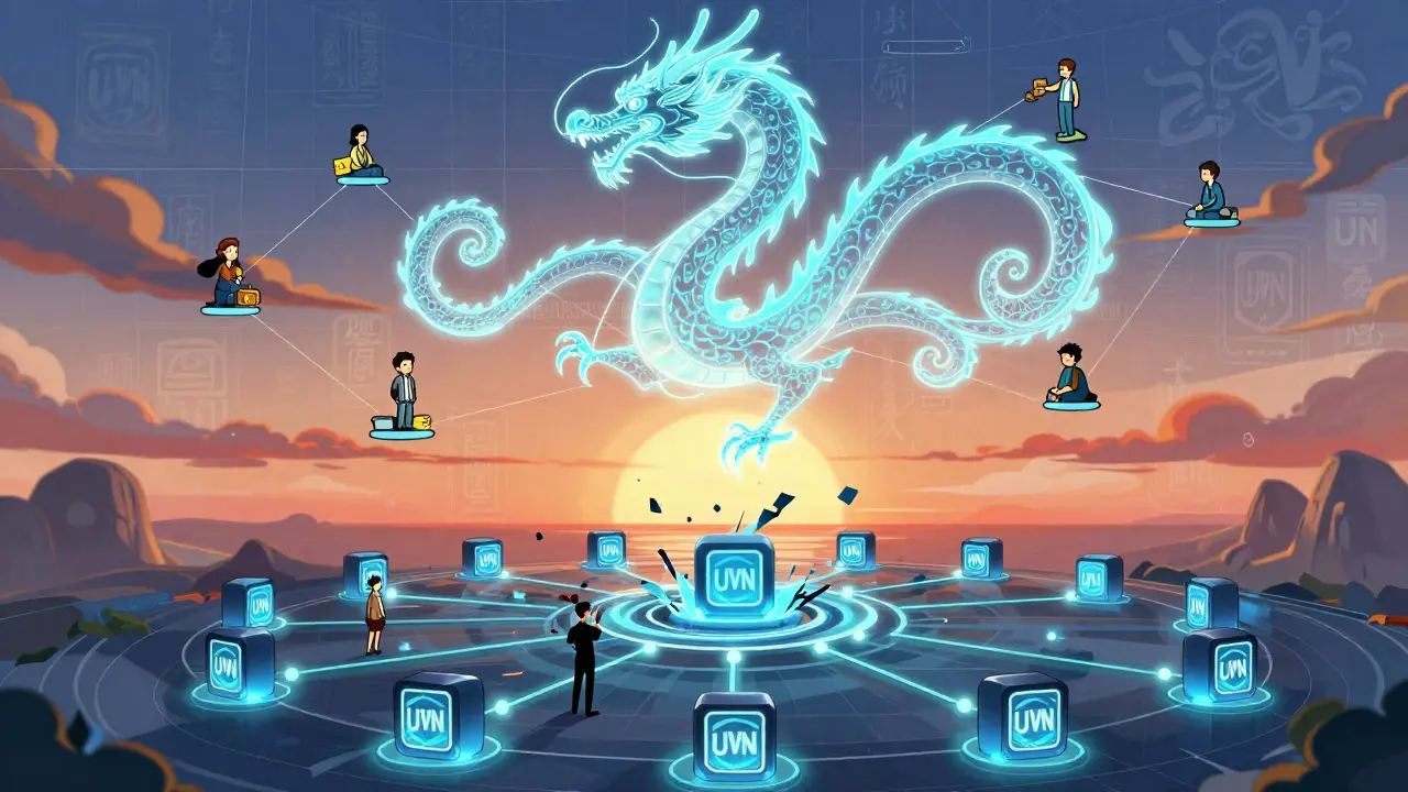 A dragon-shaped blockchain network of decentralized nodes rises as a centralized sequencer breaks apart into glowing UVN nodes.