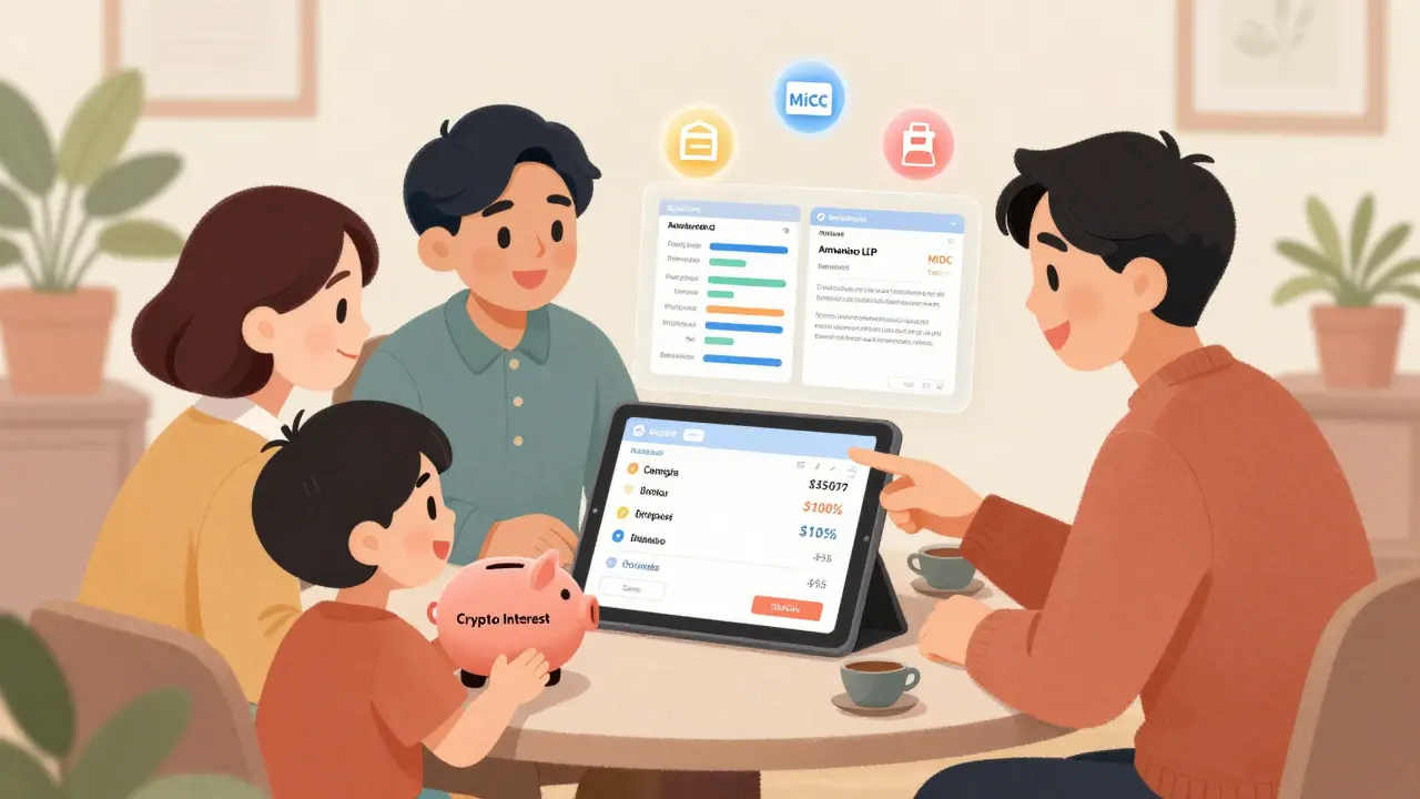A family learns about crypto lending together, with audit reports and regulation icons visible.