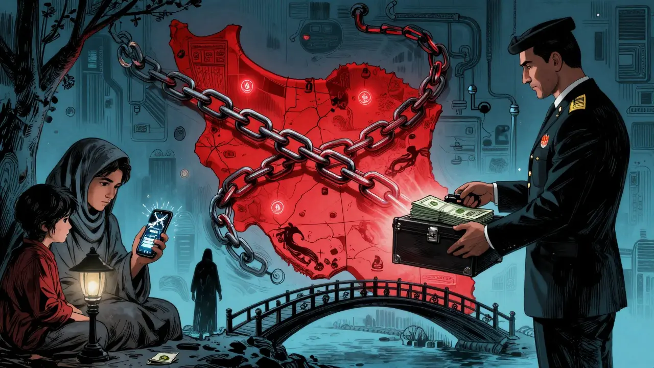 A family loses savings to a crypto hack while a regime official trades cash abroad, connected by a blockchain chain wrapped around Iran&#039;s map.