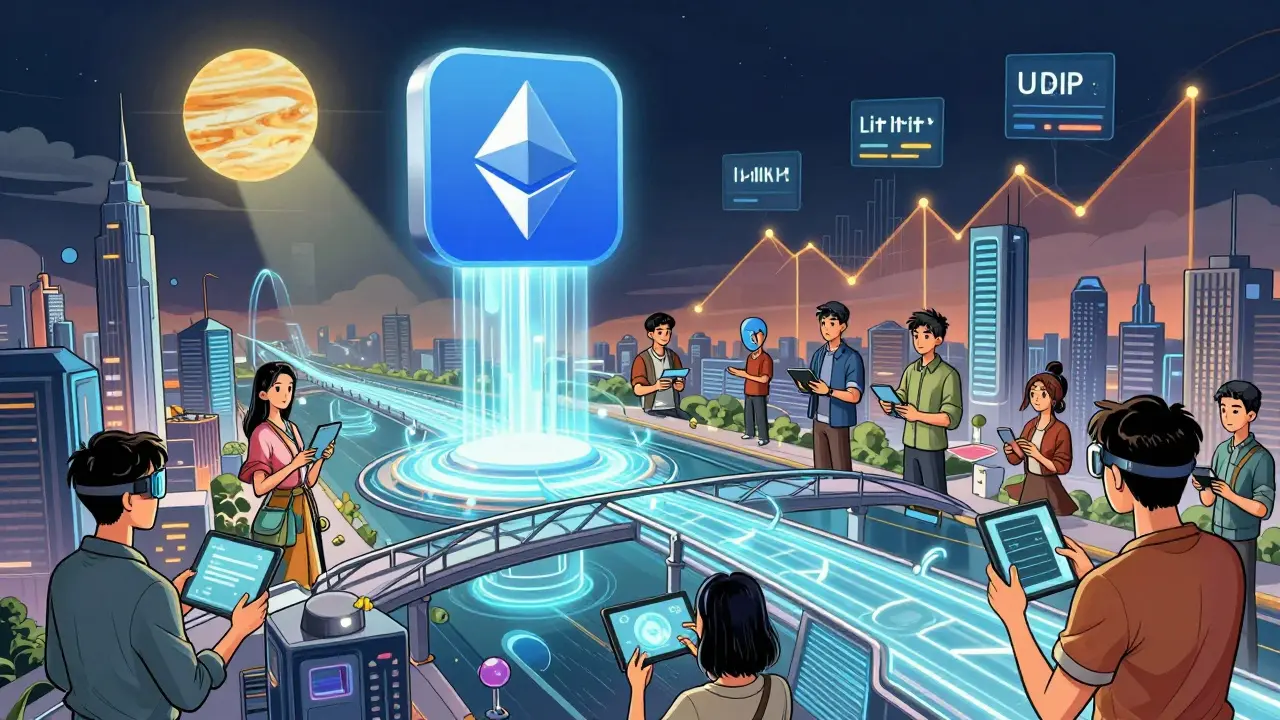 A futuristic mobile app descends from the sky, connecting Solana to Ethereum Layer 2s, with users trading via AR glasses in a glowing cityscape.