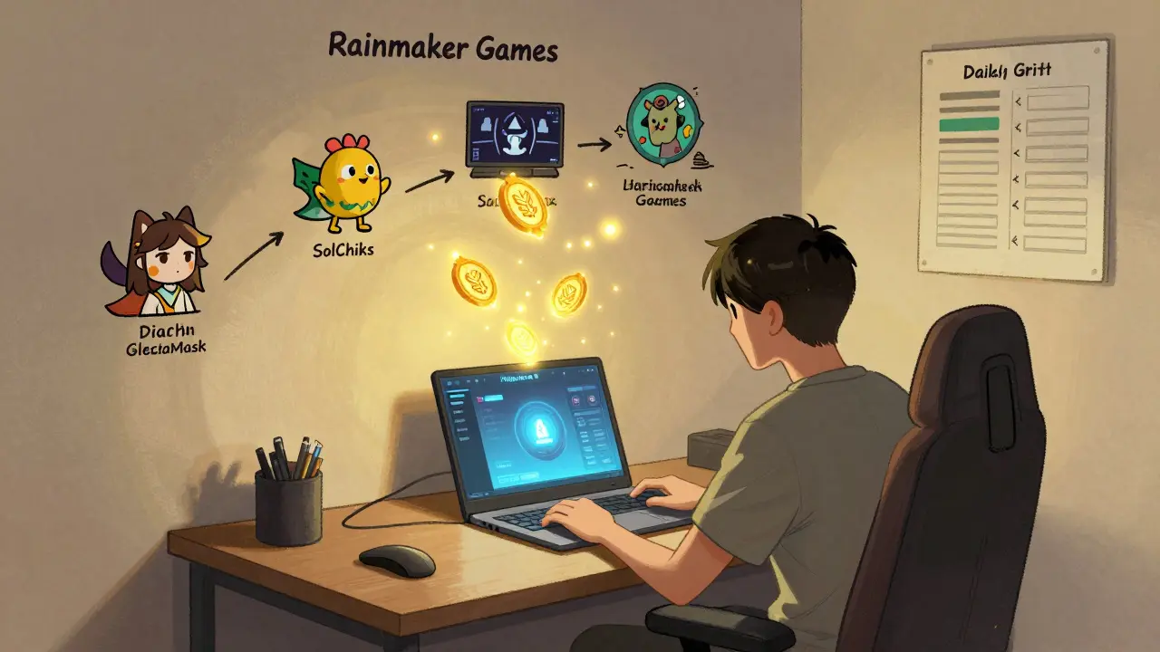 A gamer connects their wallet to the Rainmaker platform, earning daily rewards as tokens float upward like fireflies.