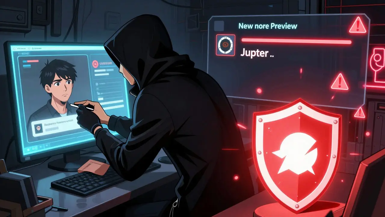 A hacker tries to trick a user with a fake Jupiter interface, while a shielded Phantom Wallet blocks the fraud with a preview screen activating.