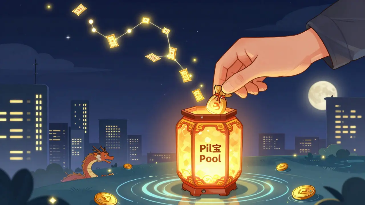 A hand deposits POL tokens into a lantern-shaped vault as golden pWINGS tokens rise like fireflies into a night sky of governance ballots.