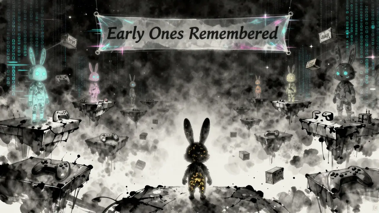 A lone KAKA-rabbit NFT stands in a silent, abandoned digital arena under a blockchain starry sky.