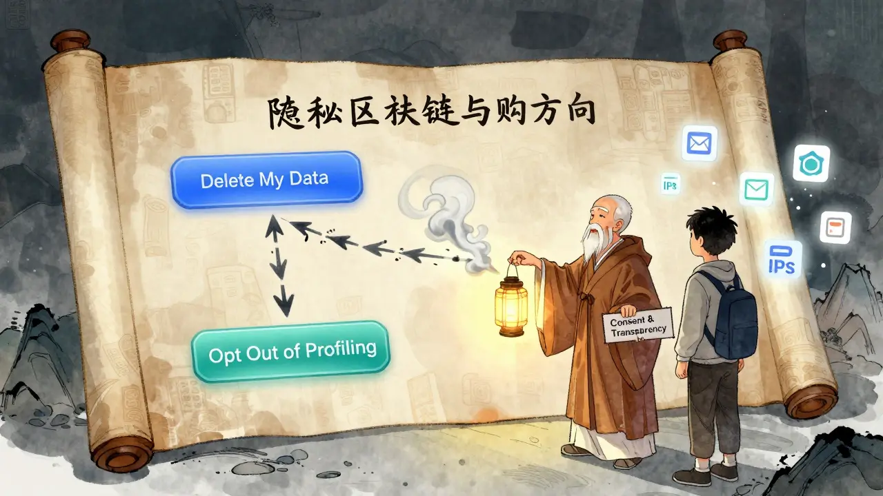 A mystical privacy scroll dissolving off-chain data while the blockchain remains, guided by a wise modern monk in manhua art style.