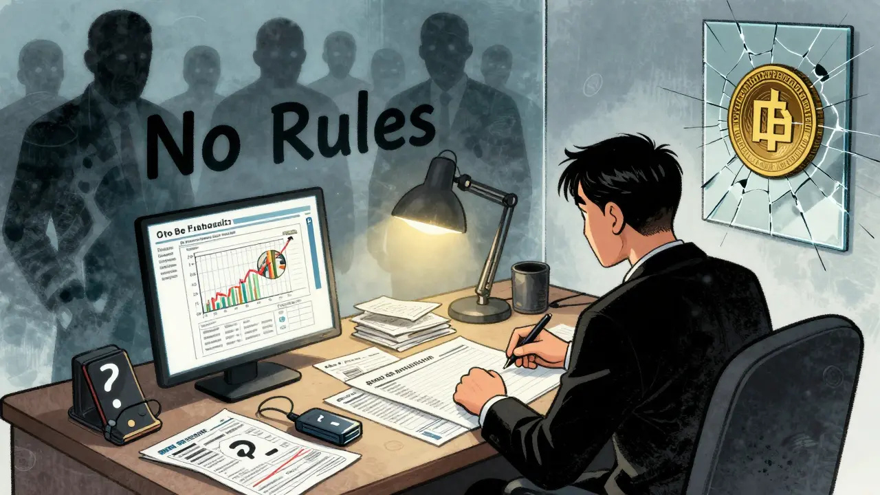 A person reviews crypto taxes at a desk, shadowy regulators watch, and a Me Coin ghost looms in the mirror.