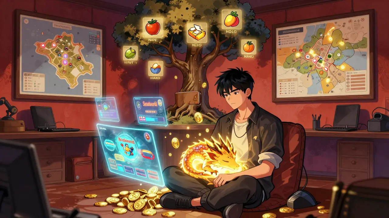 A player surrounded by holographic games and an AI dragon sleeping on their lap, earning MAGIC tokens as golden coins fall around them.