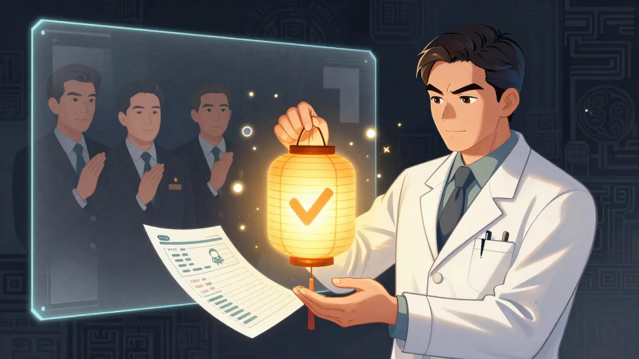 A scientist using a lantern-shaped zero-knowledge proof device to verify medical and financial data under regulatory approval.