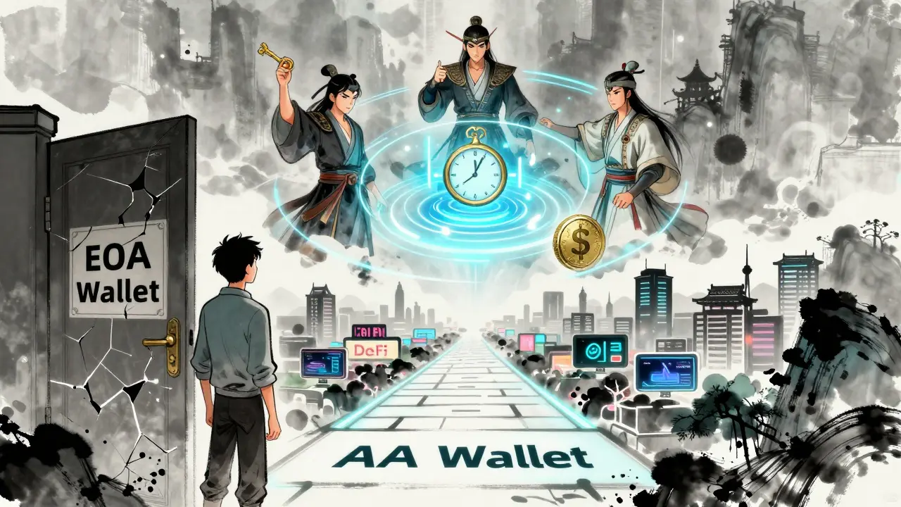 A smart wallet guarded by three figures offers secure access compared to a broken traditional wallet.