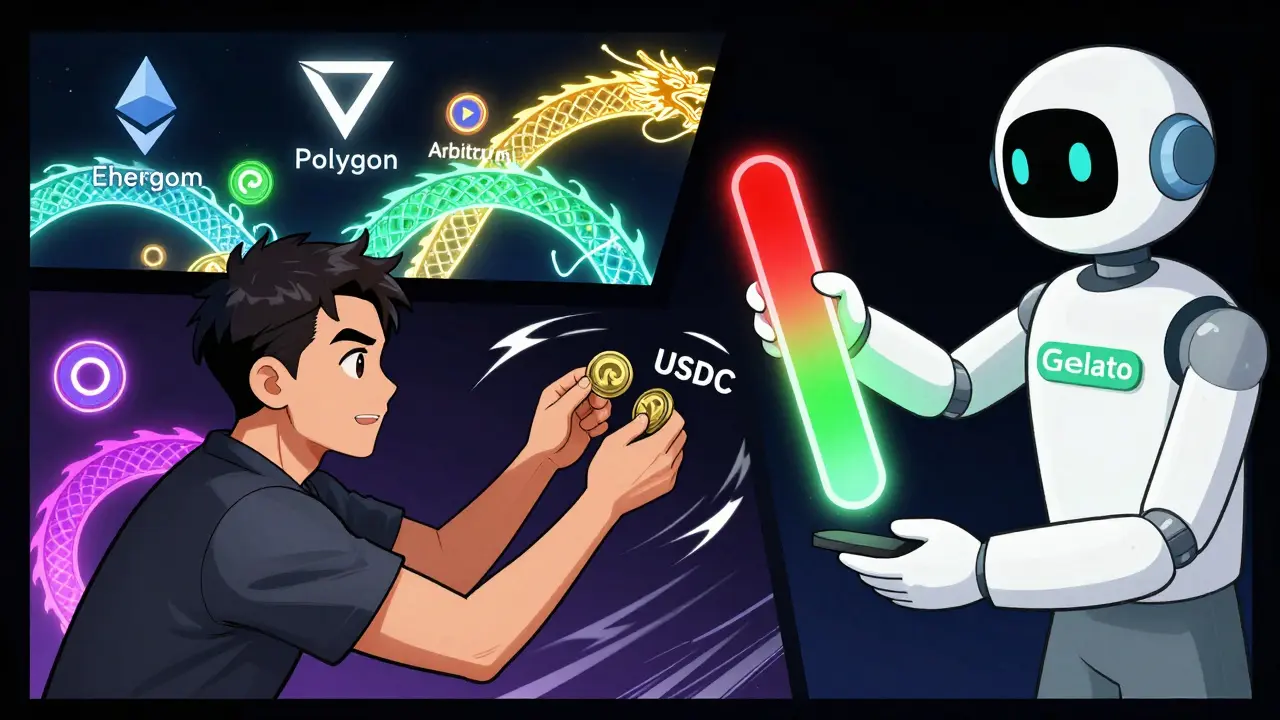 A user pays gas in USDC while a robot handles cross-chain transactions automatically.