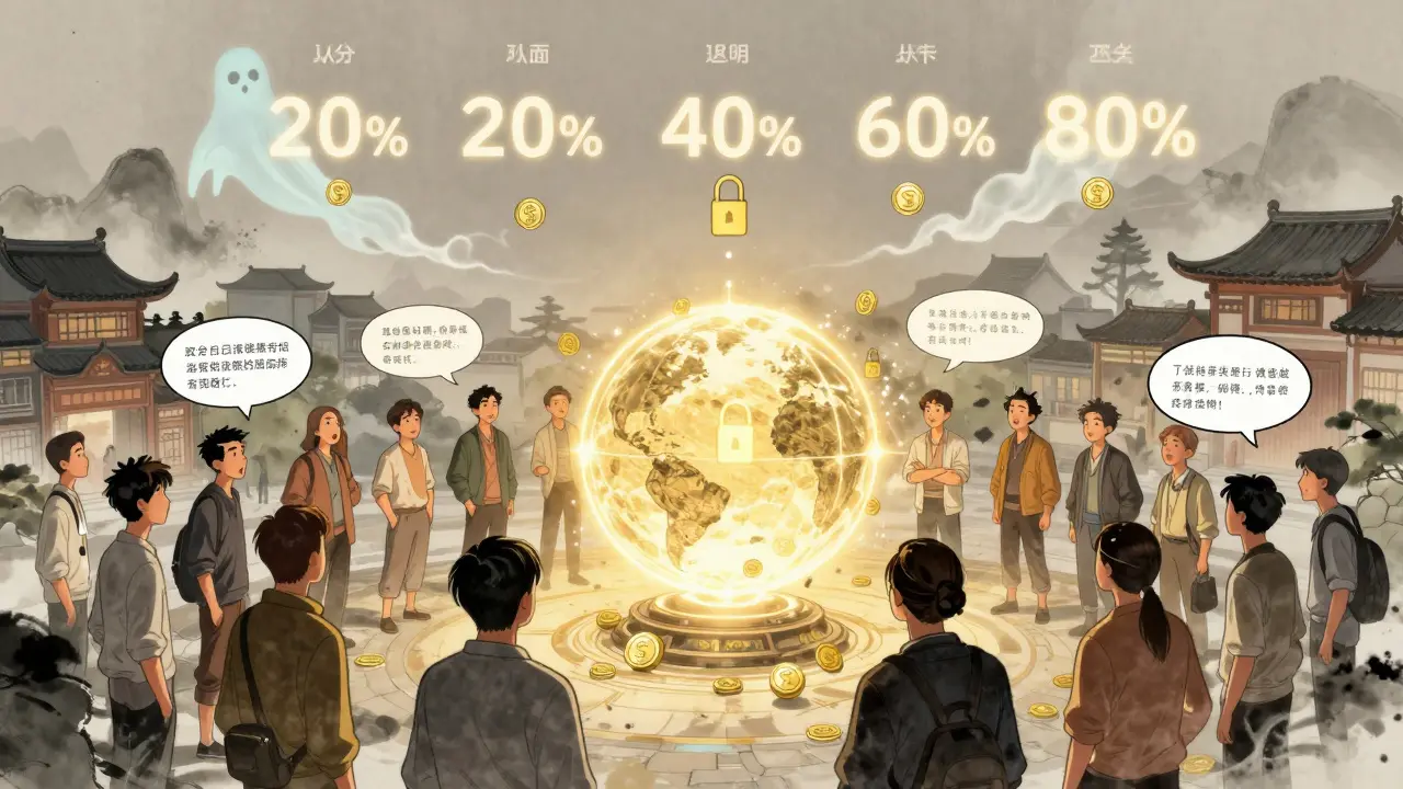 A vibrant community gathering around a governance orb, with tokens locking in over time under a glowing vesting timer.