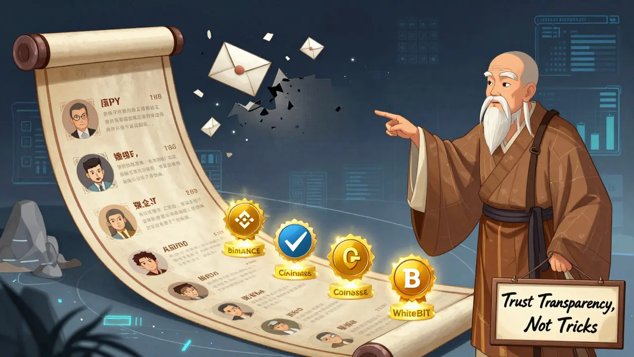 A warning scroll crumbles fake crypto scams as wise monk guides to trusted exchanges with golden seals.