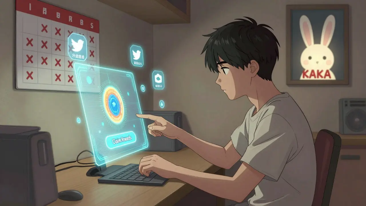 A young person clicking a rewards button surrounded by social media icons and a glowing NFT on the wall.