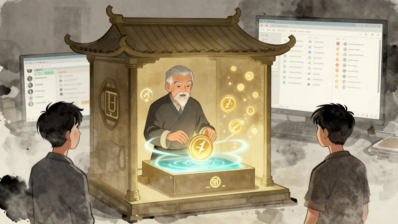 An experienced user managing a glowing ETH/USDB liquidity pool in a futuristic temple, while a novice is overwhelmed by Uniswap's chaos.