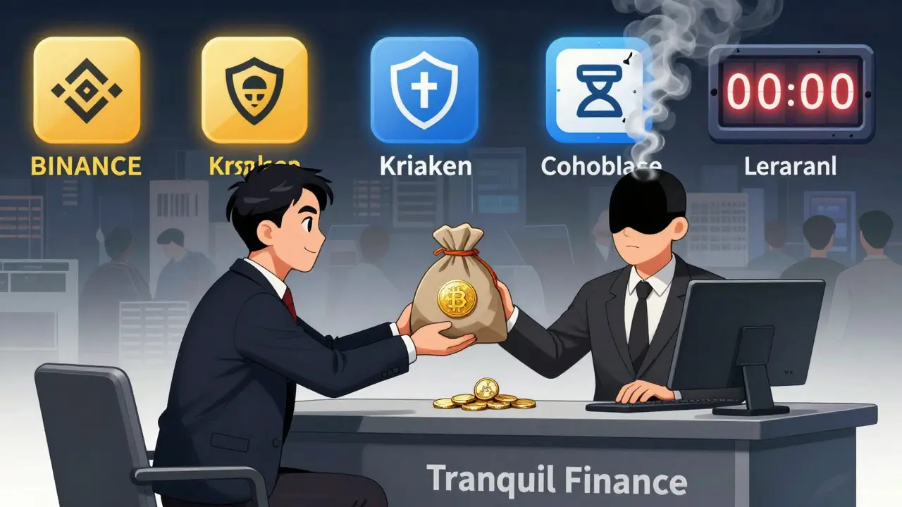 An investor giving crypto to a masked scammer while legitimate exchanges shine brightly in the background.