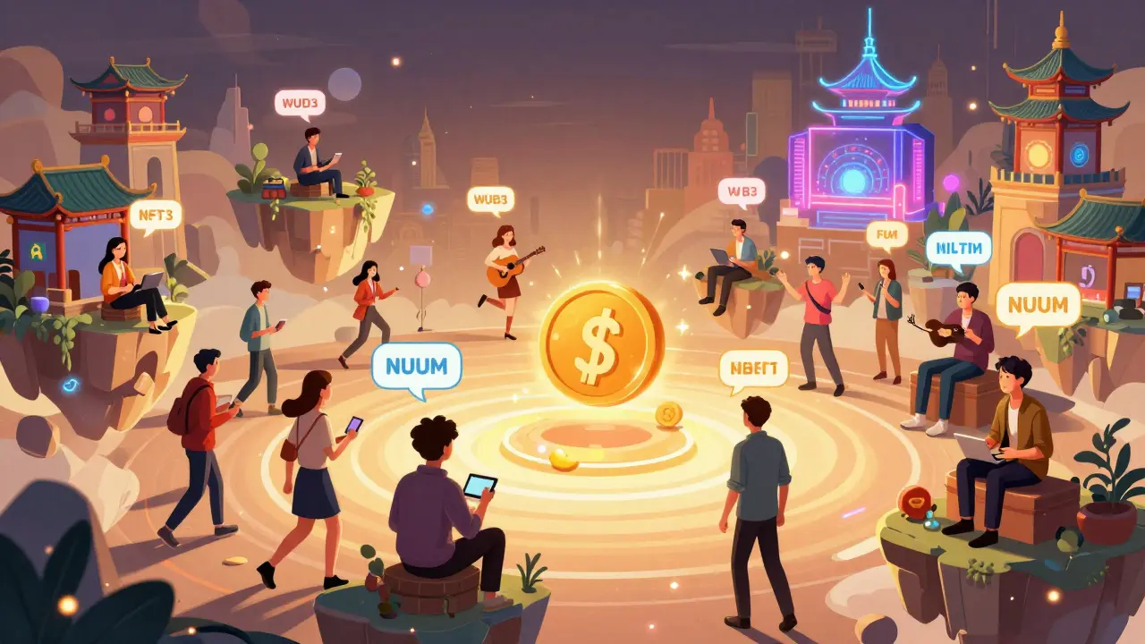 Avatars trading NFTs and earning NUUM in a surreal metaverse blending digital and traditional Chinese architecture.